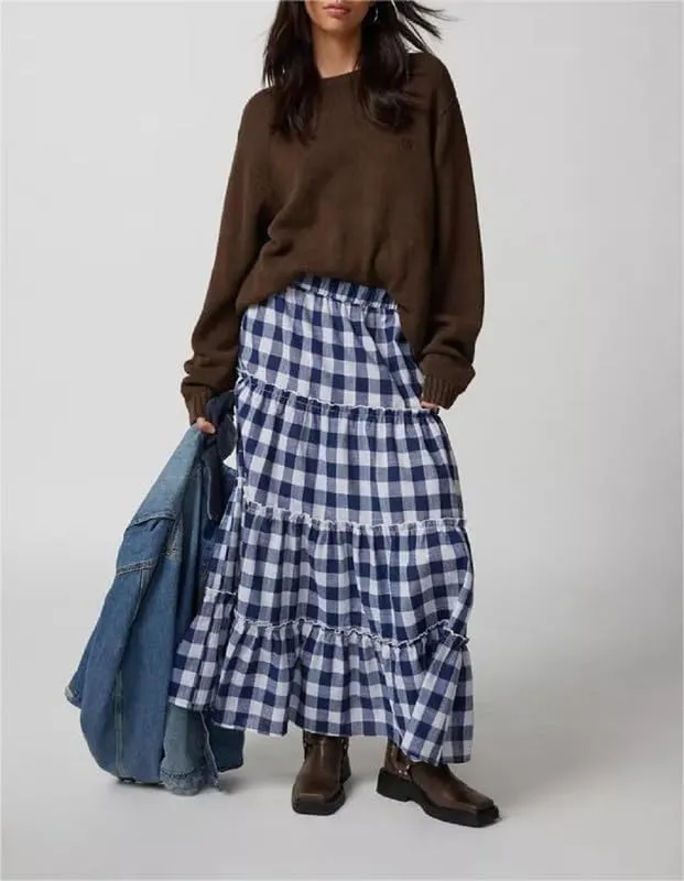 Women Plaid Tiered Maxi Skirt Y2k Elastic High Waist Long Skirt Print Flowy A Line Skirt Gingham Swing Midi Skirts