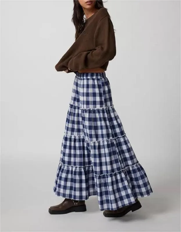 Women Plaid Tiered Maxi Skirt Y2k Elastic High Waist Long Skirt Print Flowy A Line Skirt Gingham Swing Midi Skirts