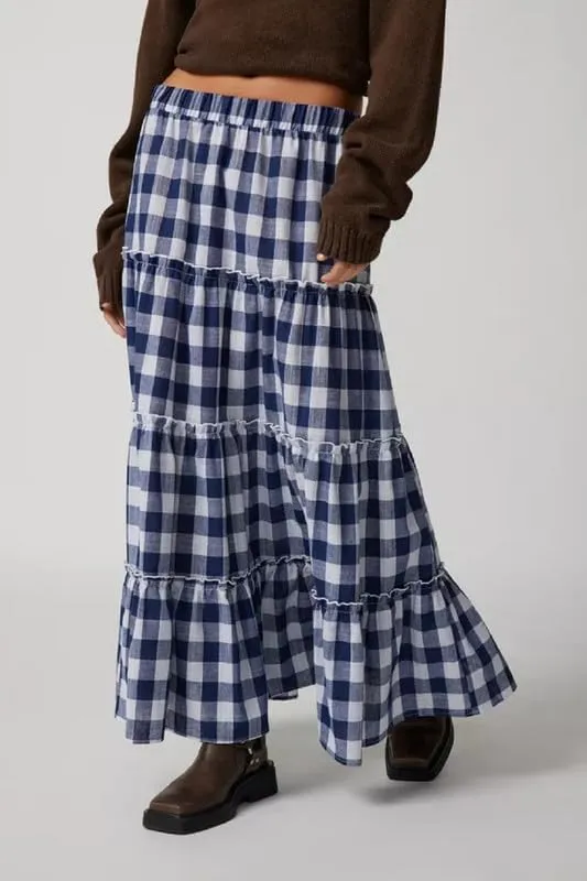 Women Plaid Tiered Maxi Skirt Y2k Elastic High Waist Long Skirt Print Flowy A Line Skirt Gingham Swing Midi Skirts