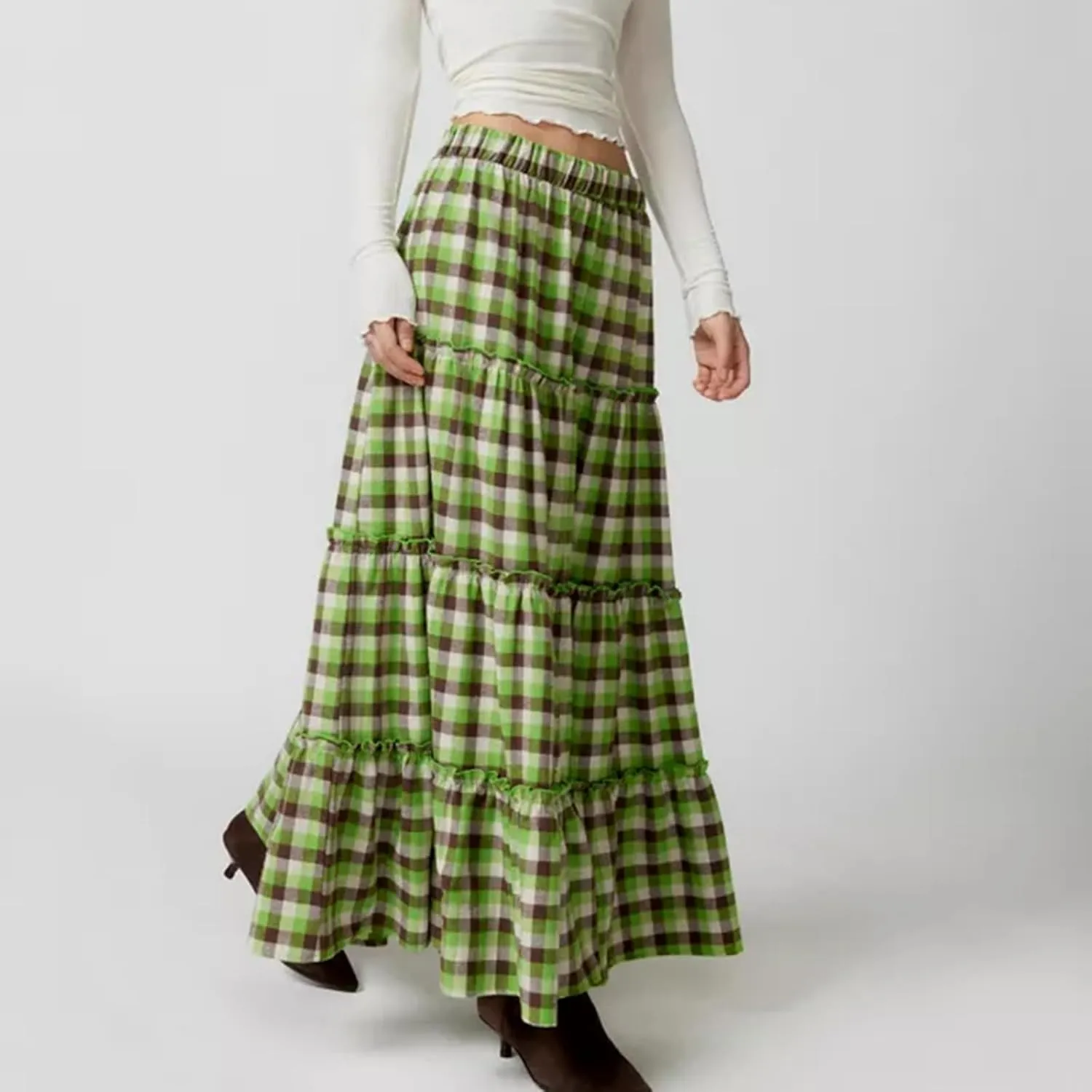 Women Y2K Plaid Tiered Maxi Skirts Elastic High Waist Gingham Pleated Long Skirt Vintage Flowy A Line Swing Skirts