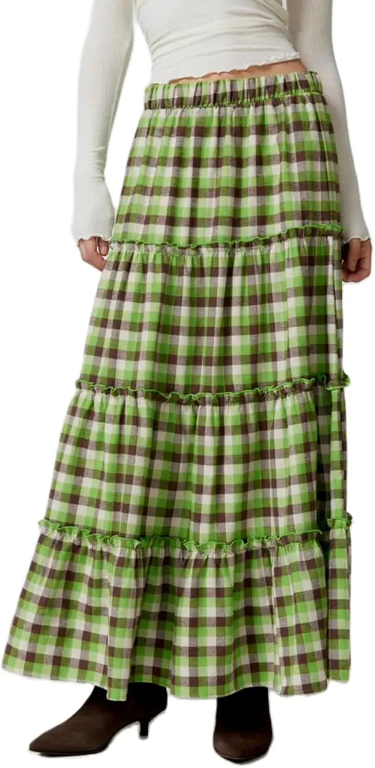 Women Y2K Plaid Tiered Maxi Skirts Elastic High Waist Gingham Pleated Long Skirt Vintage Flowy A Line Swing Skirts