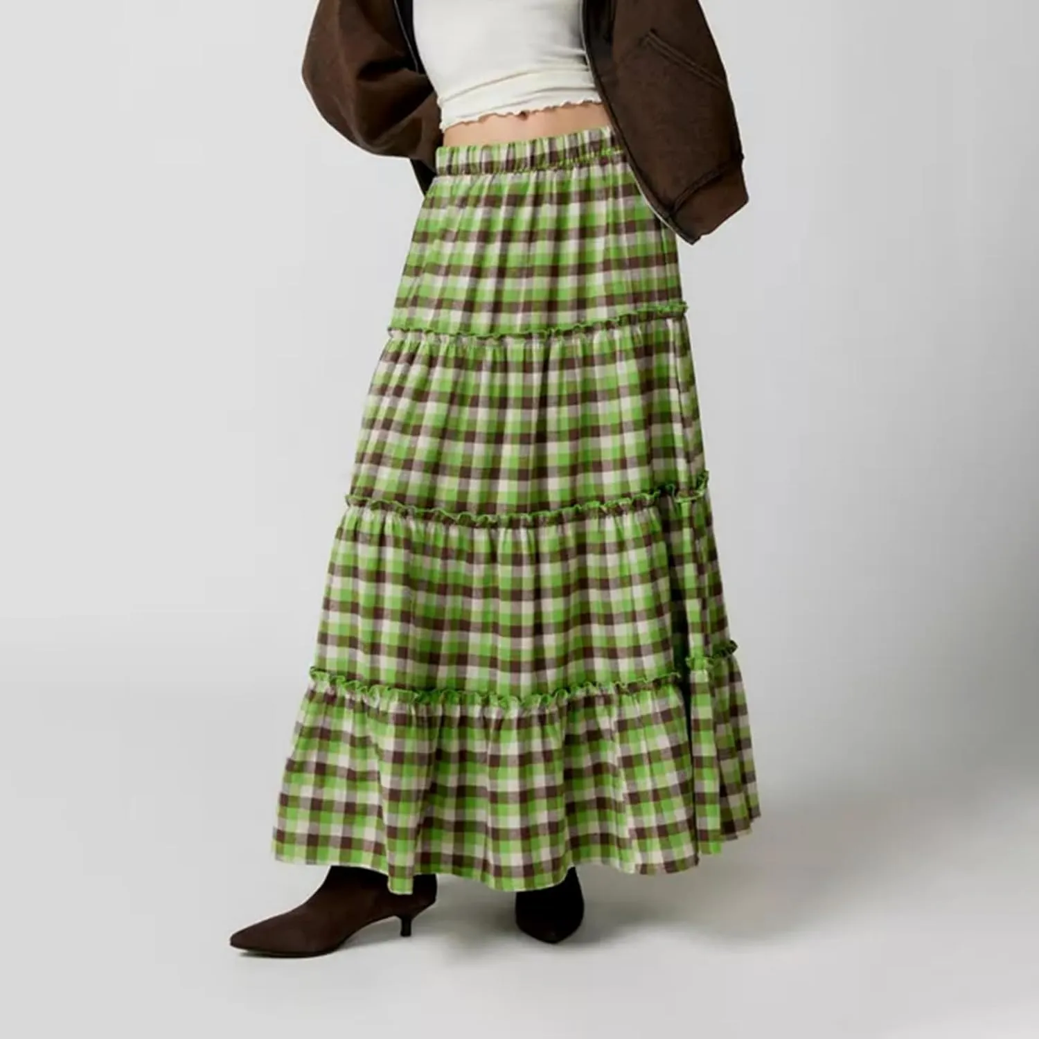 Women Y2K Plaid Tiered Maxi Skirts Elastic High Waist Gingham Pleated Long Skirt Vintage Flowy A Line Swing Skirts