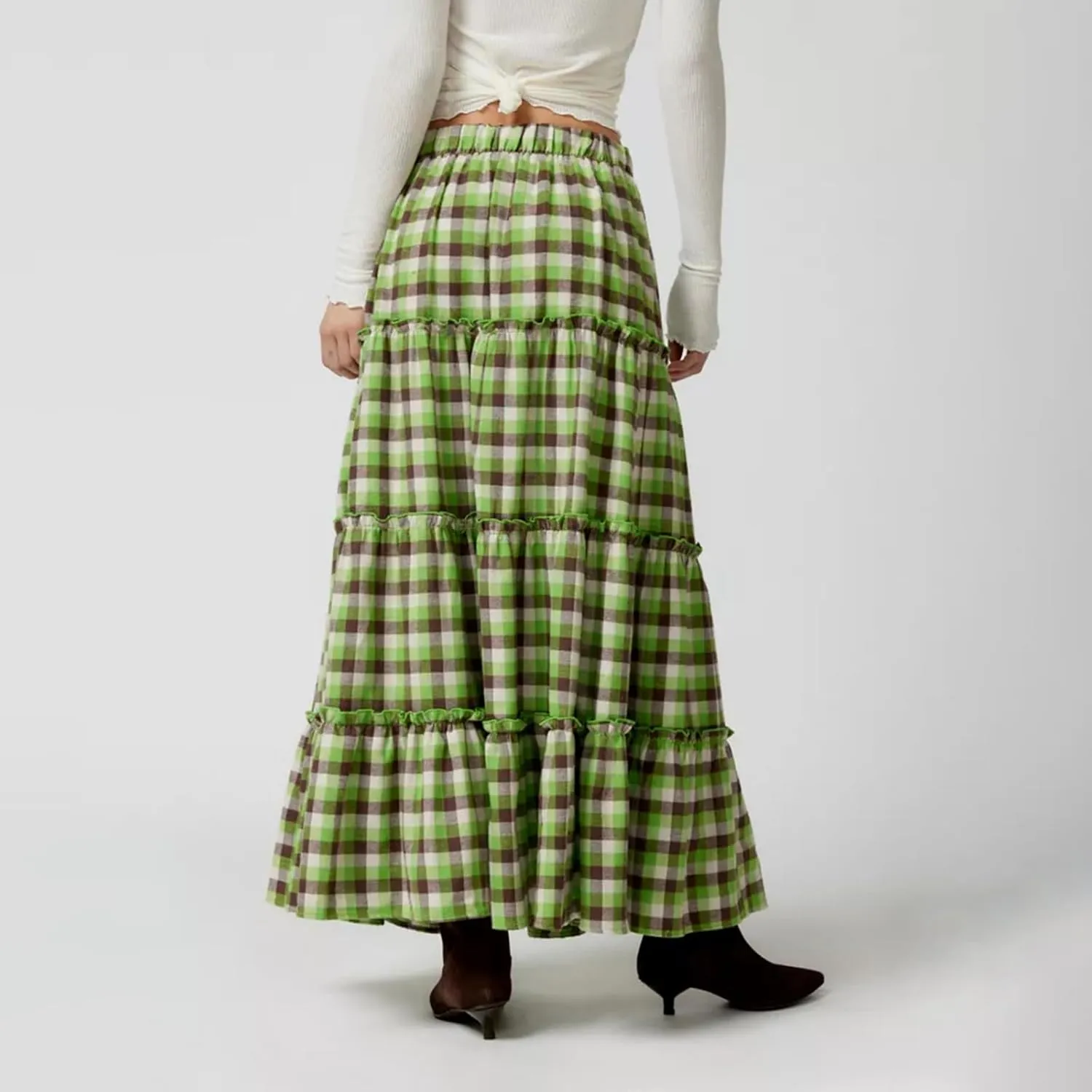 Women Y2K Plaid Tiered Maxi Skirts Elastic High Waist Gingham Pleated Long Skirt Vintage Flowy A Line Swing Skirts