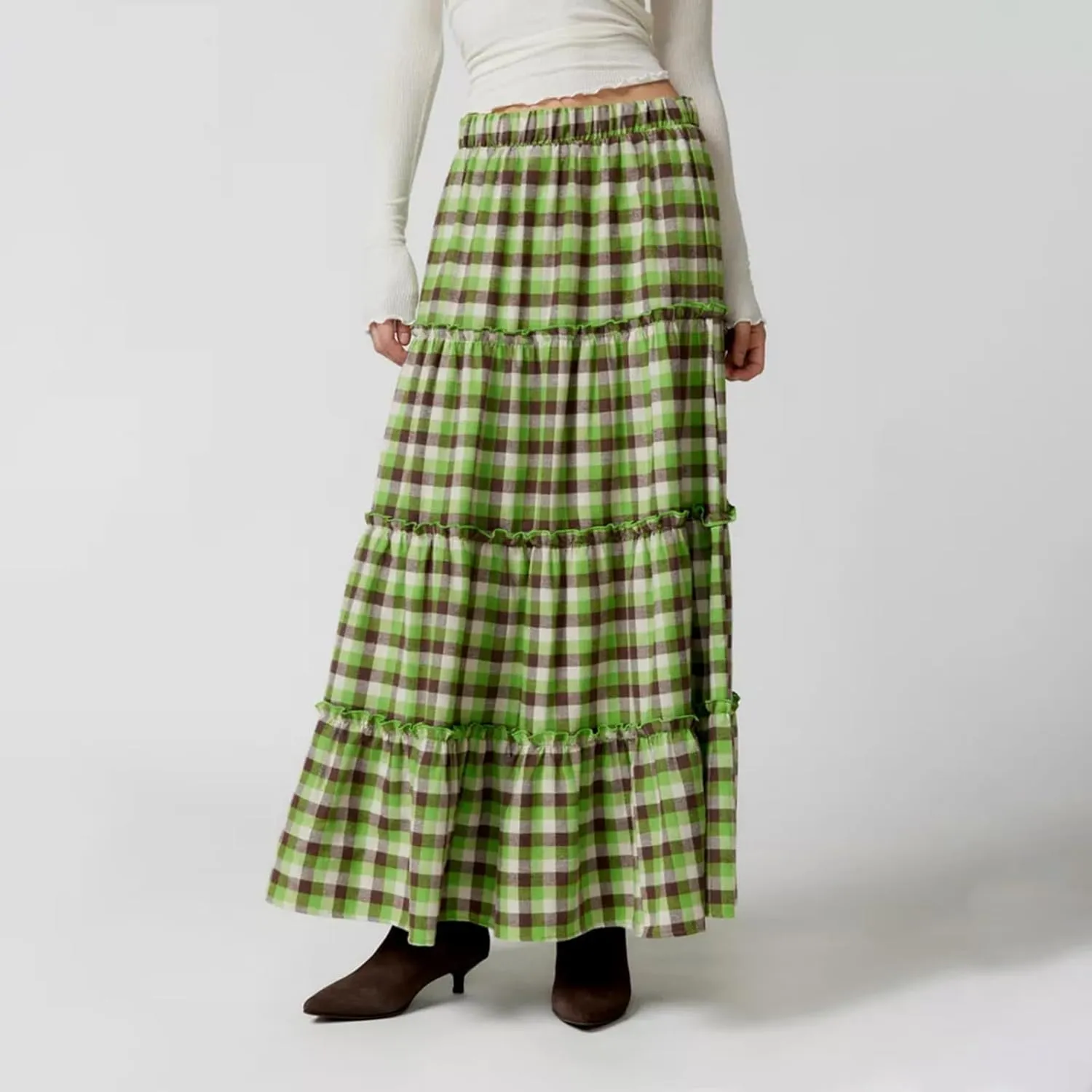 Women Y2K Plaid Tiered Maxi Skirts Elastic High Waist Gingham Pleated Long Skirt Vintage Flowy A Line Swing Skirts