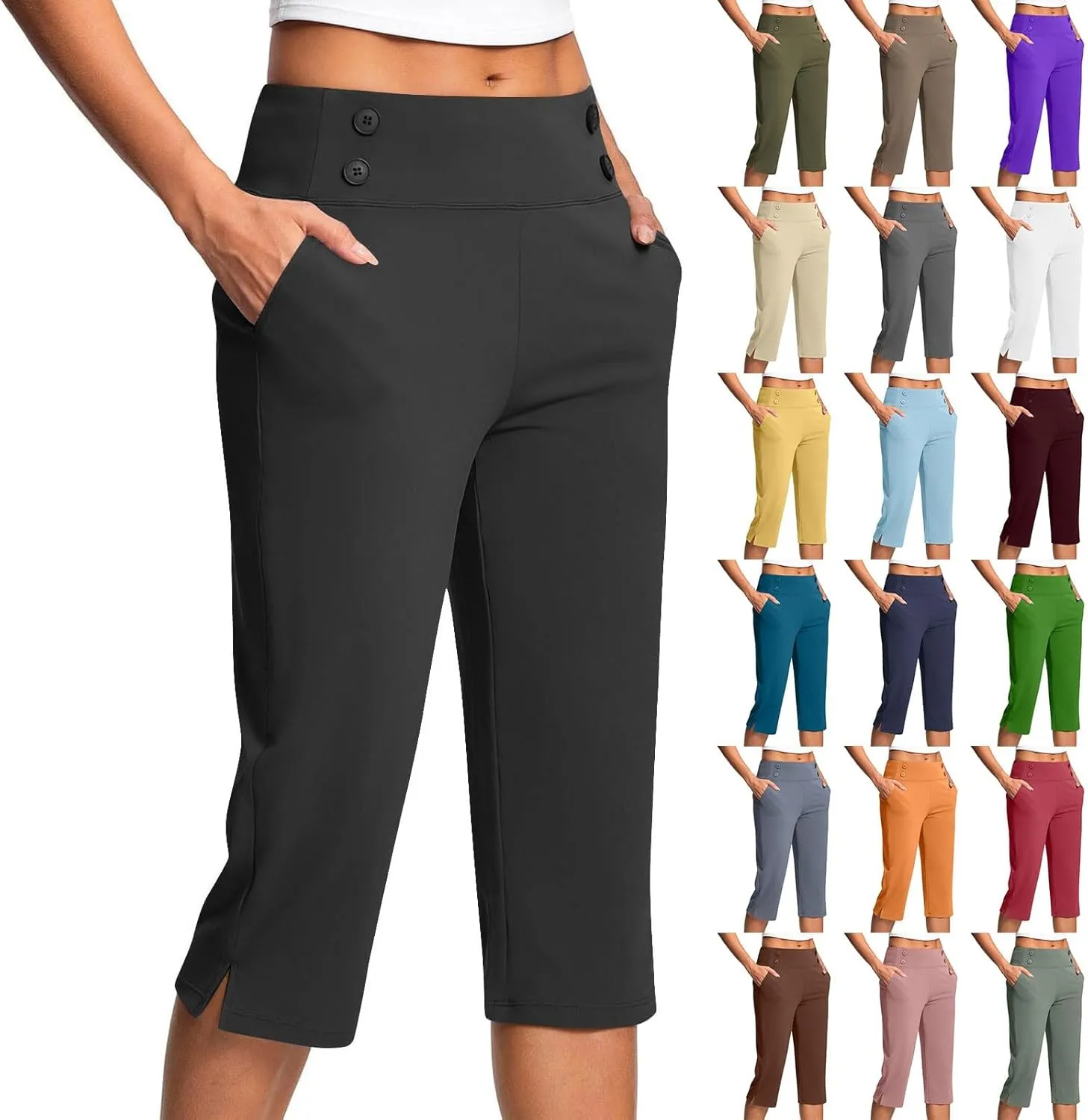 Womens Capris for Summer Cropped Pants Plus Size Elastic High Waist Casual Smart Office Work Trousers with Pockets Oversize