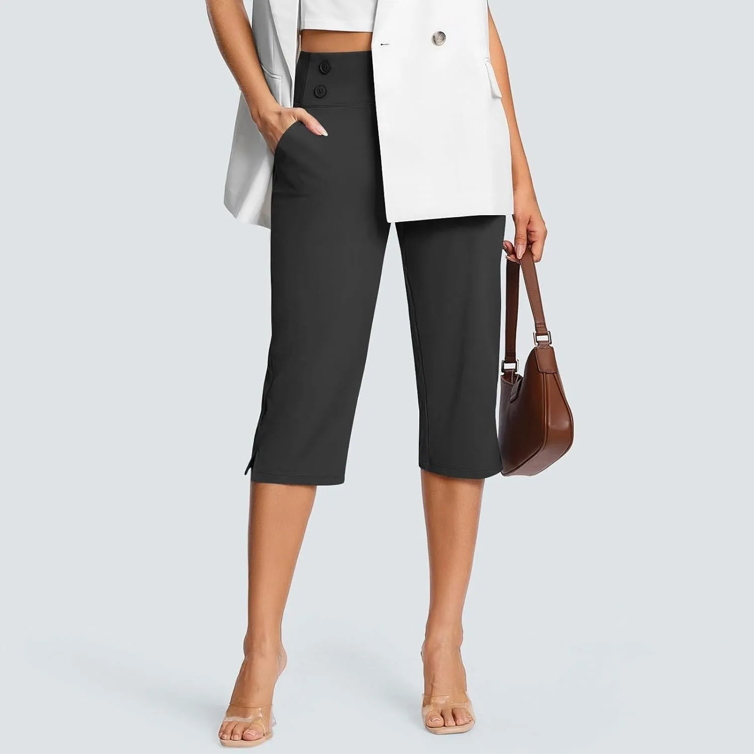 Womens Capris for Summer Cropped Pants Plus Size Elastic High Waist Casual Smart Office Work Trousers with Pockets Oversize