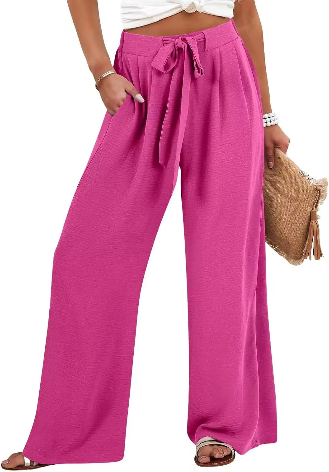 Womens Cotton Linen Pants,2025 Summer Wide Leg Casual Loose Drawstring High Waist Palazzo Pant Trousers with Pocket