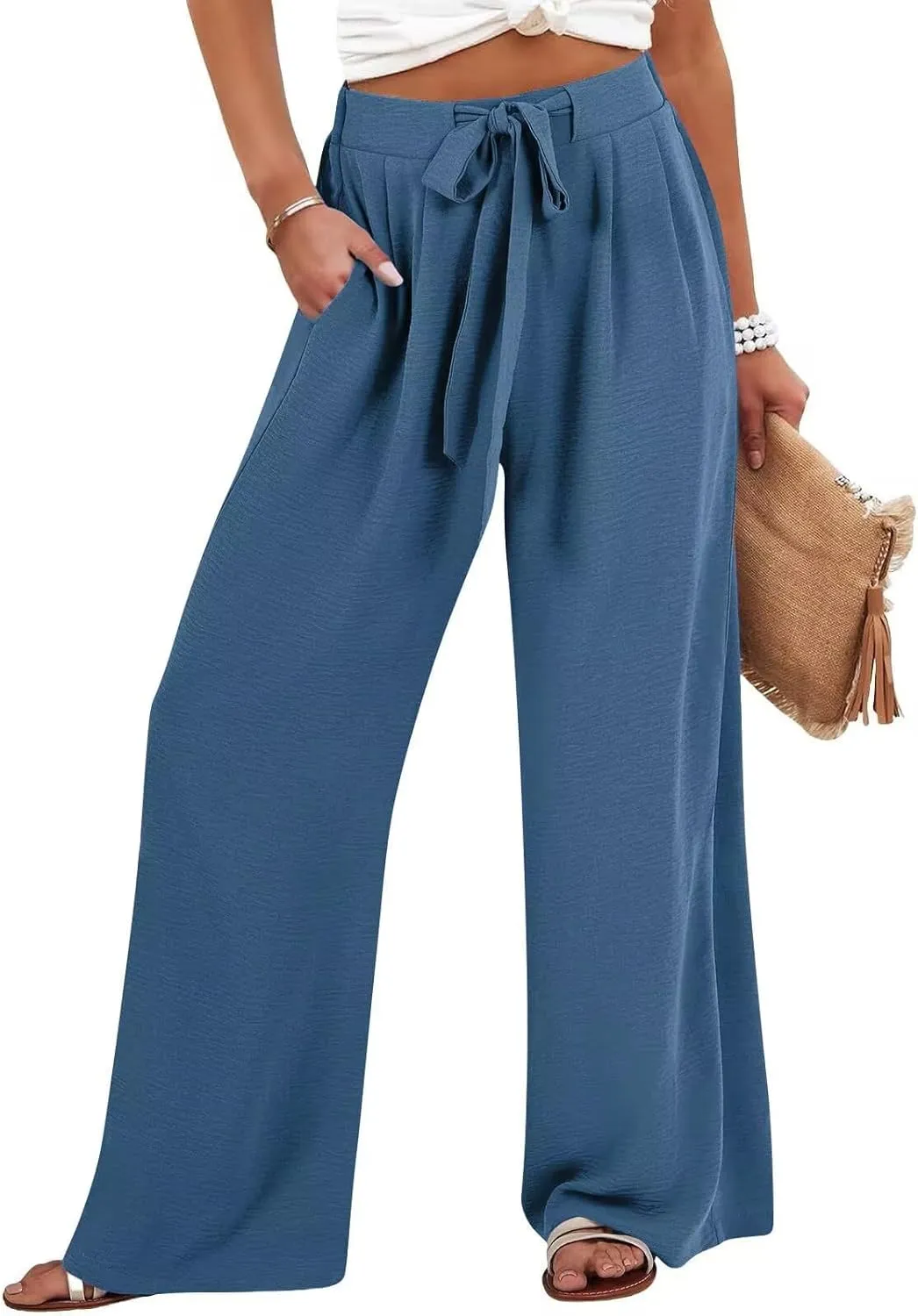 Womens Cotton Linen Pants,2025 Summer Wide Leg Casual Loose Drawstring High Waist Palazzo Pant Trousers with Pocket
