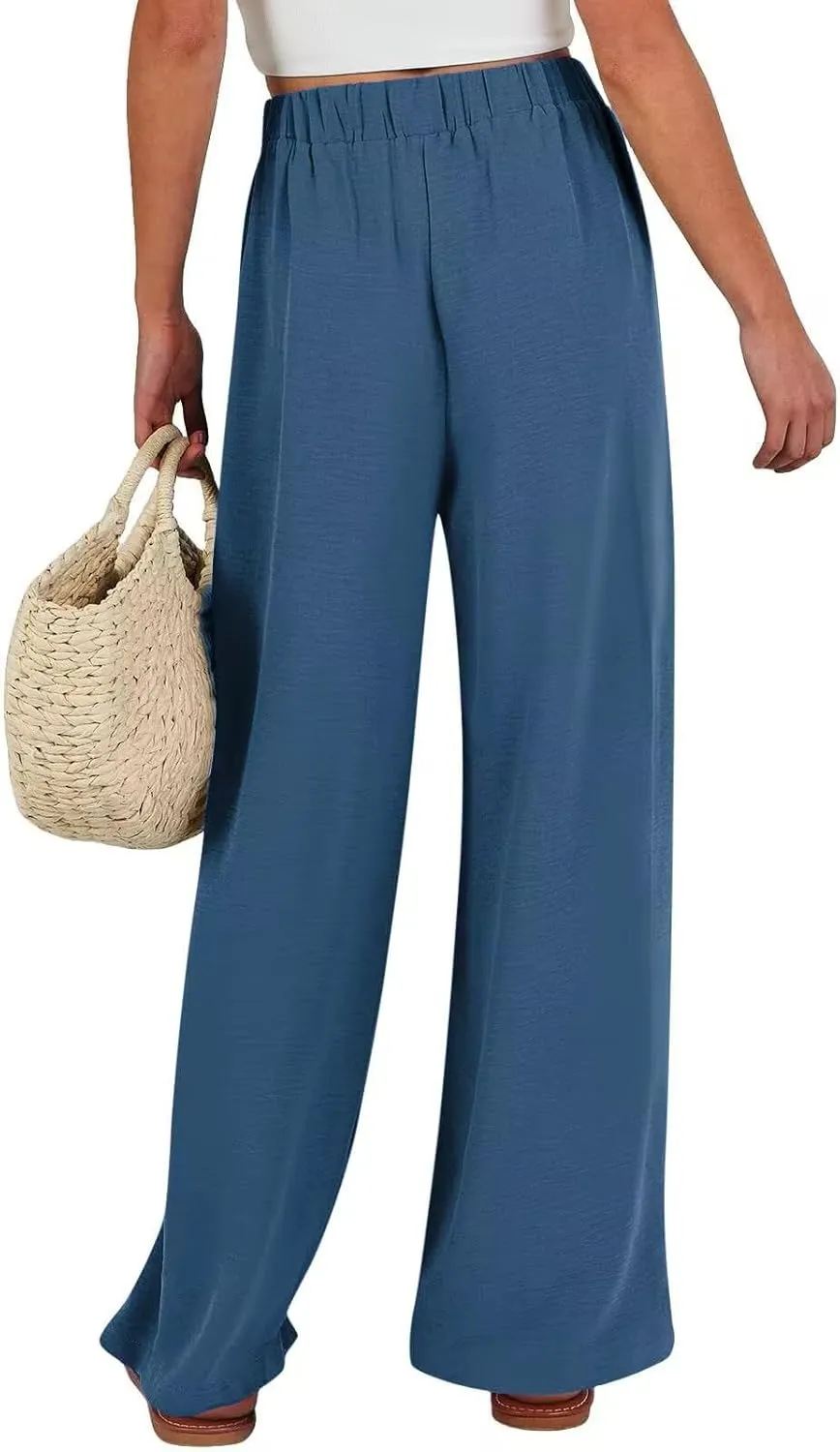 Womens Cotton Linen Pants,2025 Summer Wide Leg Casual Loose Drawstring High Waist Palazzo Pant Trousers with Pocket
