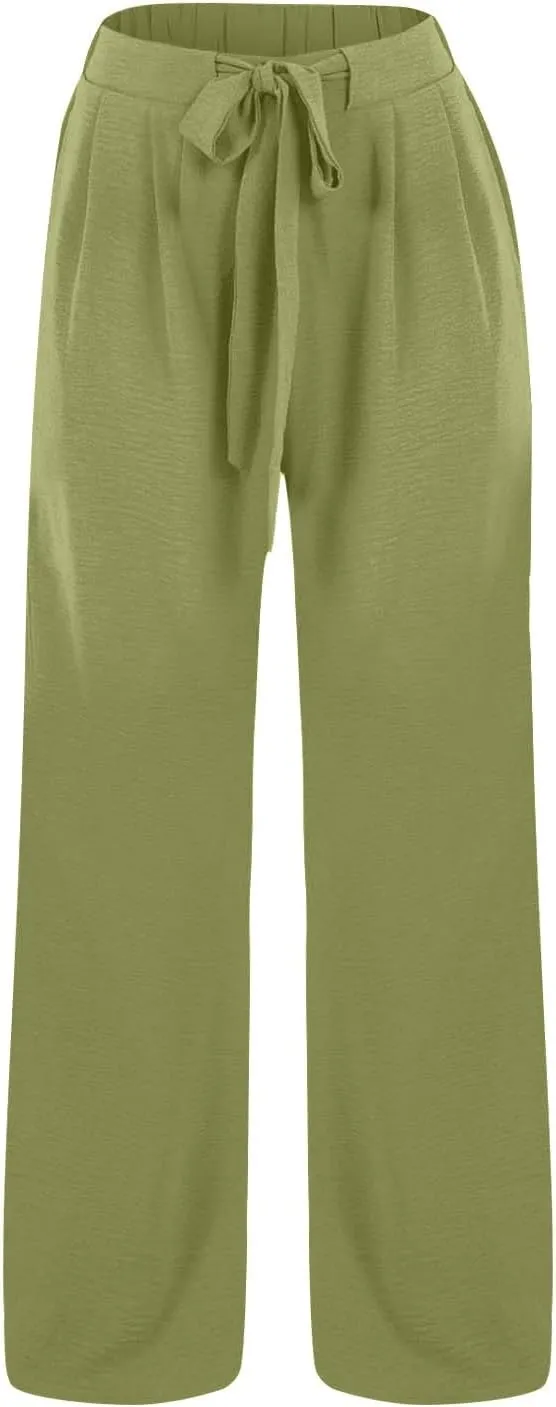 Womens Cotton Linen Pants,2025 Summer Wide Leg Casual Loose Drawstring High Waist Palazzo Pant Trousers with Pocket