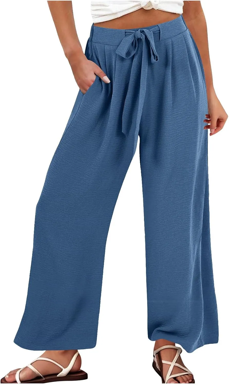 Womens Cotton Linen Pants,2025 Summer Wide Leg Casual Loose Drawstring High Waist Palazzo Pant Trousers with Pocket