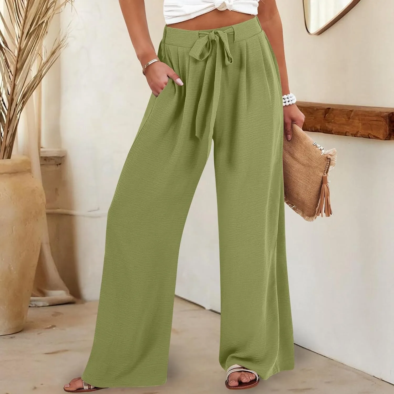Womens Cotton Linen Pants,2025 Summer Wide Leg Casual Loose Drawstring High Waist Palazzo Pant Trousers with Pocket