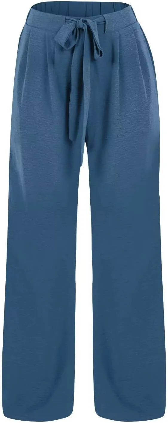 Womens Cotton Linen Pants,2025 Summer Wide Leg Casual Loose Drawstring High Waist Palazzo Pant Trousers with Pocket