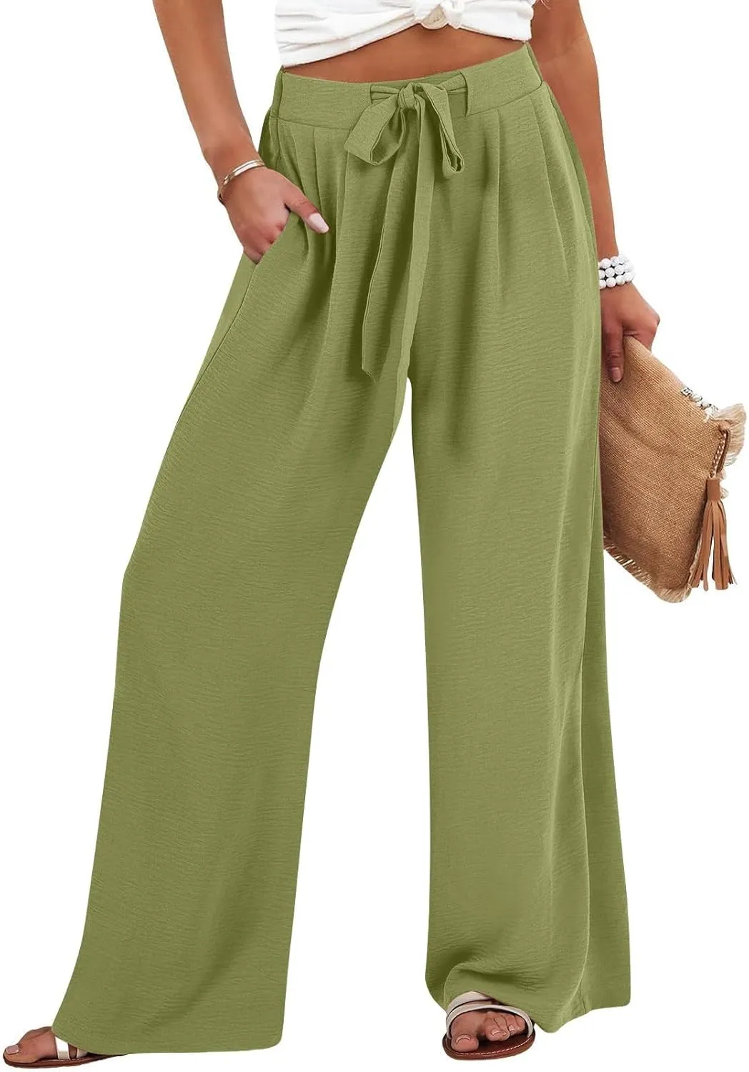 Womens Cotton Linen Pants,2025 Summer Wide Leg Casual Loose Drawstring High Waist Palazzo Pant Trousers with Pocket
