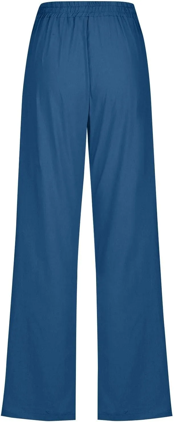 Women's Cotton Linen Summer Palazzo Pants Flowy Wide Leg Beach Trousers with Pockets Long Palazzo Gauze Pants