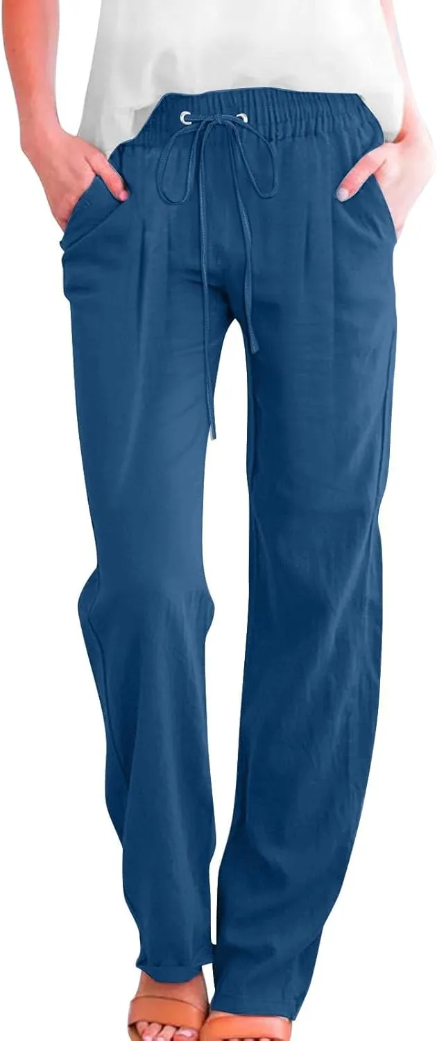 Women's Cotton Linen Summer Palazzo Pants Flowy Wide Leg Beach Trousers with Pockets Long Palazzo Gauze Pants