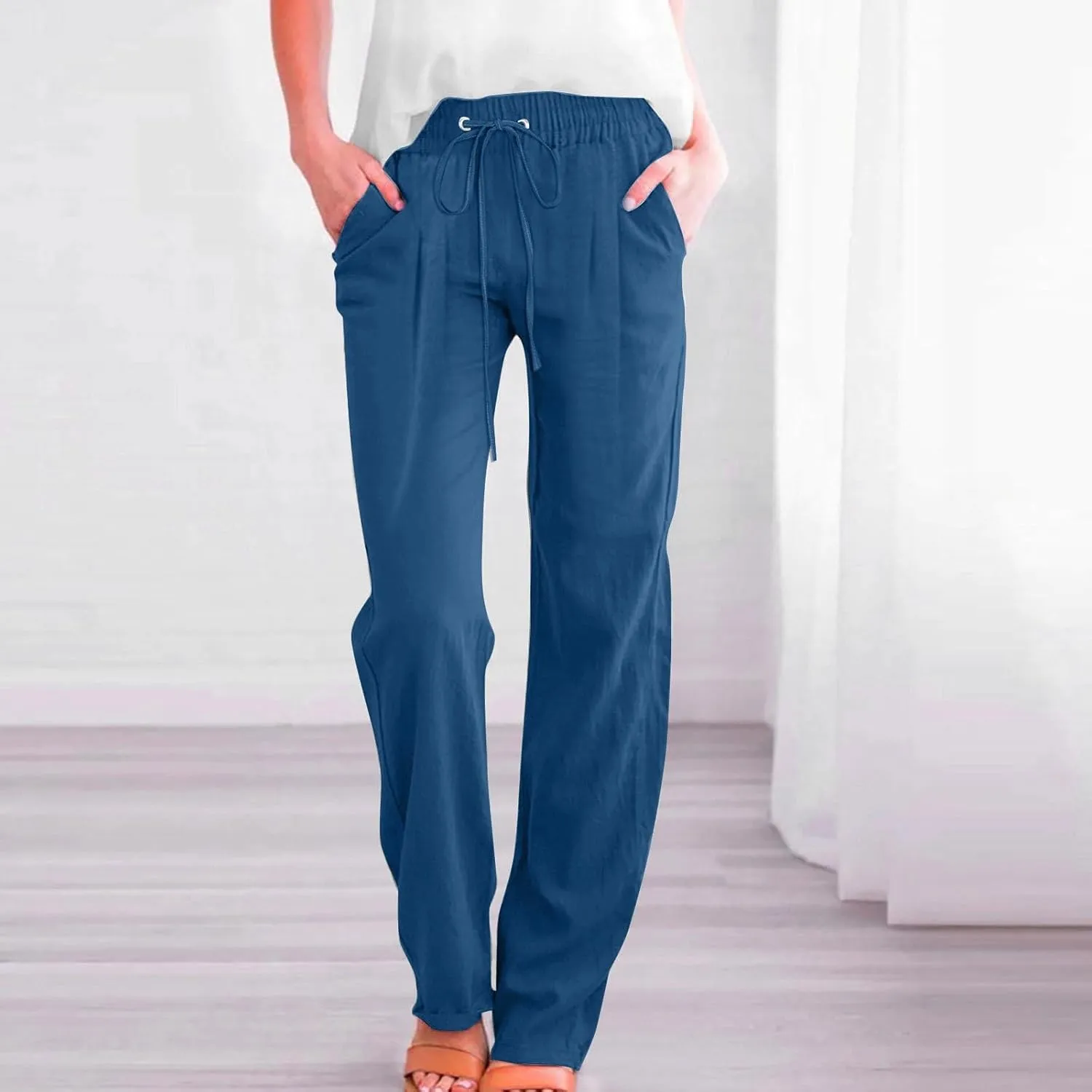 Women's Cotton Linen Summer Palazzo Pants Flowy Wide Leg Beach Trousers with Pockets Long Palazzo Gauze Pants