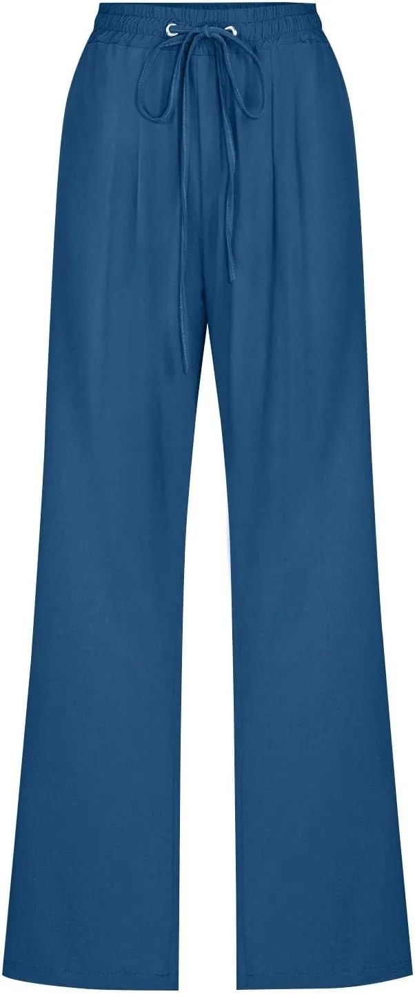Women's Cotton Linen Summer Palazzo Pants Flowy Wide Leg Beach Trousers with Pockets Long Palazzo Gauze Pants