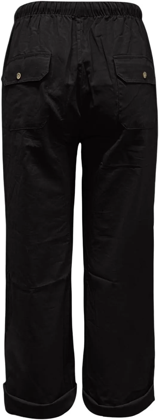 Womens Cotton Linen Tapered Pants Quick Dry Summer Drawstring Elastic Waist Boho Pants Casual Trousers with Pockets