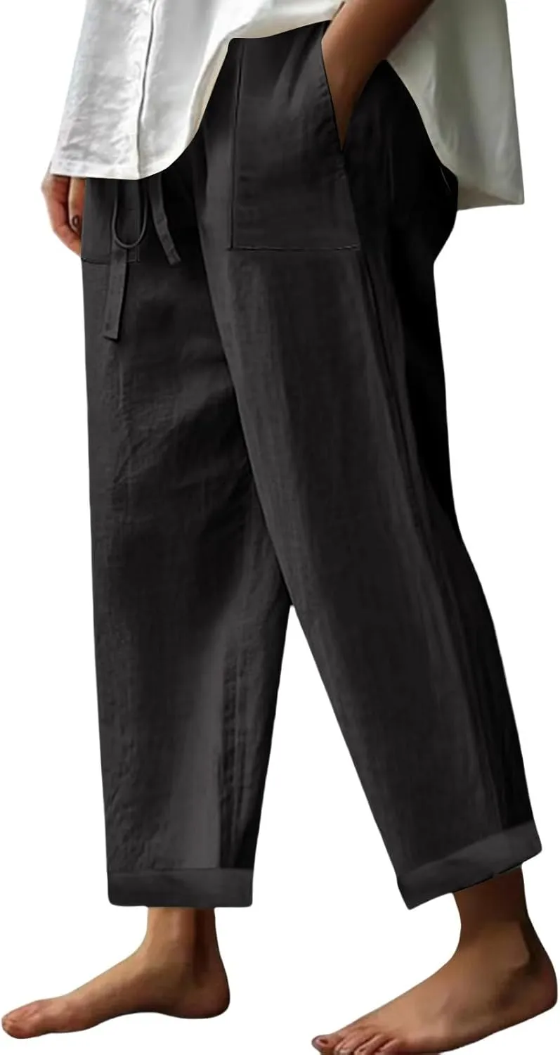 Womens Cotton Linen Tapered Pants Quick Dry Summer Drawstring Elastic Waist Boho Pants Casual Trousers with Pockets