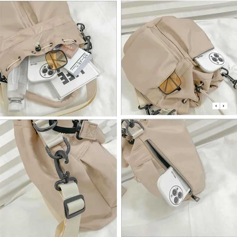 Womens Drawstring Bucket Bag Nylon Tote Handbags Casual Hobo Shoulder Purse Multi Pockets Crossbody Bags