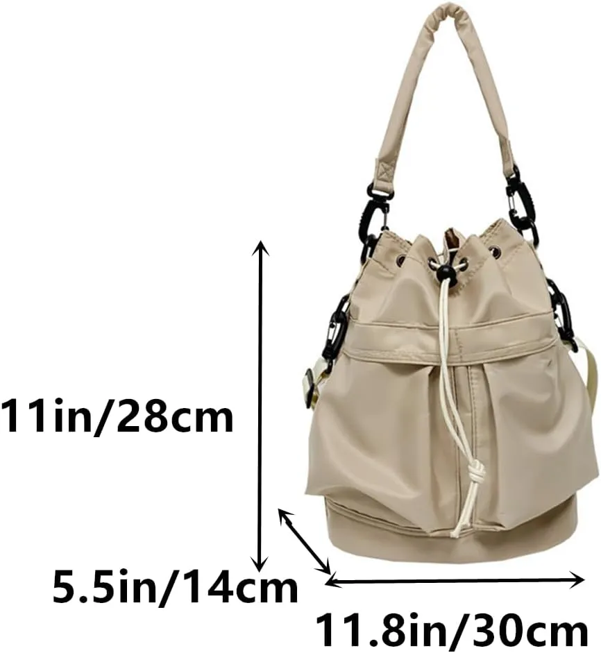 Womens Drawstring Bucket Bag Nylon Tote Handbags Casual Hobo Shoulder Purse Multi Pockets Crossbody Bags