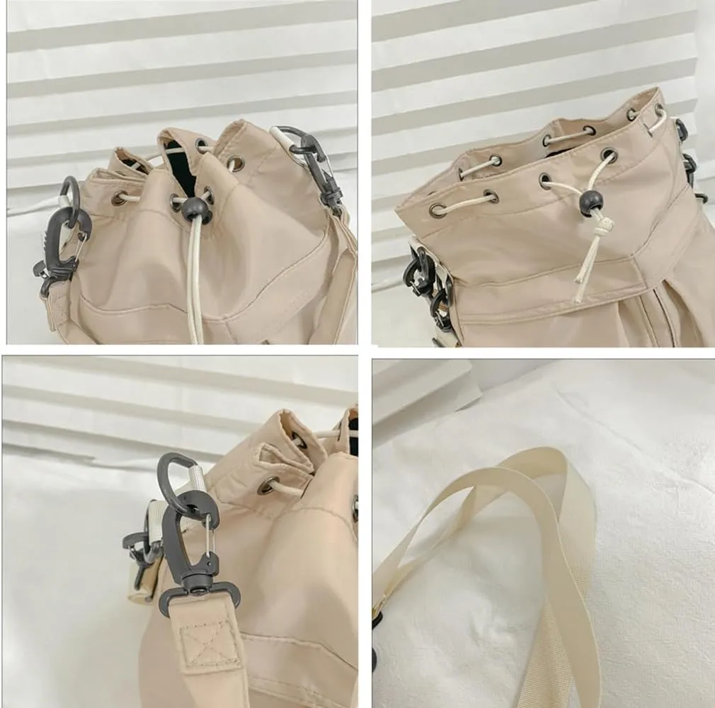 Womens Drawstring Bucket Bag Nylon Tote Handbags Casual Hobo Shoulder Purse Multi Pockets Crossbody Bags