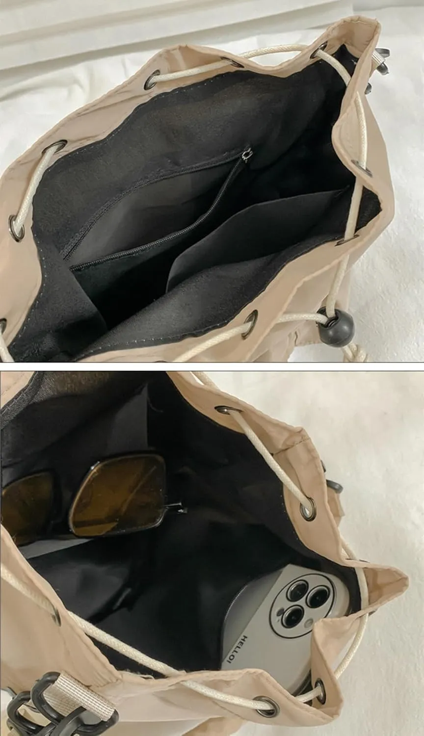 Womens Drawstring Bucket Bag Nylon Tote Handbags Casual Hobo Shoulder Purse Multi Pockets Crossbody Bags
