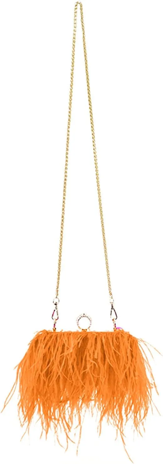 Women's Evening Clutch g Ostrich Feather Chain Shoulder g nquet Wedding Purses Handbag body gs for Party, Orange