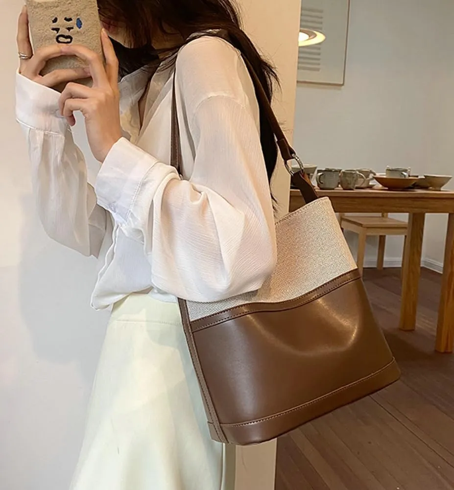 Womens Fashion Vegan Leather Shoulder Tote Bag Large Bucket Purse Splicing Top Handle Handbag Satchel Work