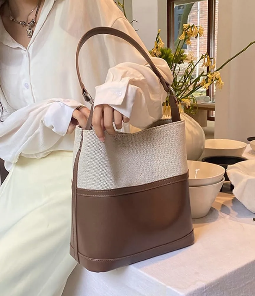 Womens Fashion Vegan Leather Shoulder Tote Bag Large Bucket Purse Splicing Top Handle Handbag Satchel Work