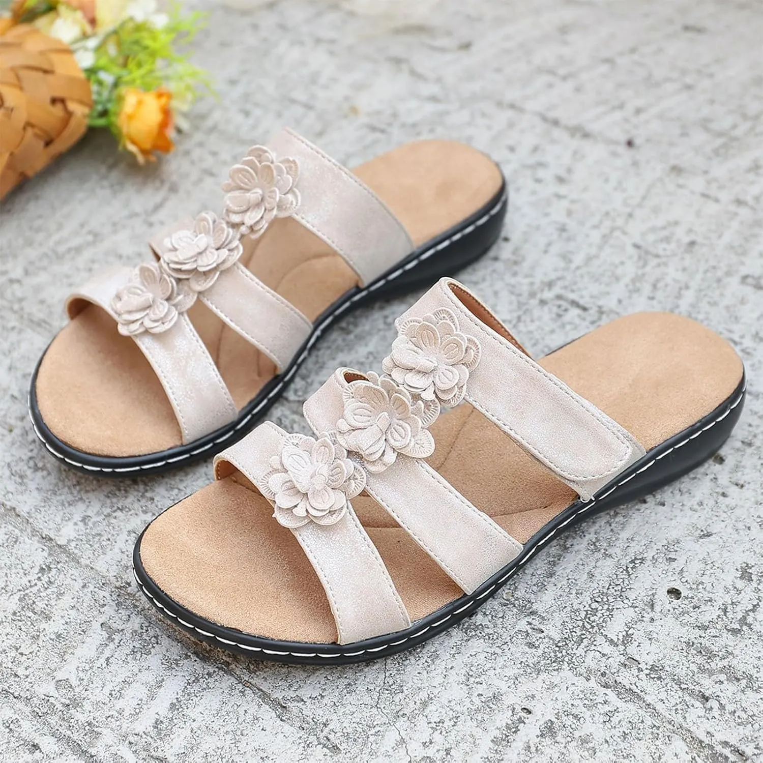 Womens Flower Orthopedic Slide Sandals Comfortable Arch Support Low Wedges Sandals 2025 Summer Soft Footbed Slides