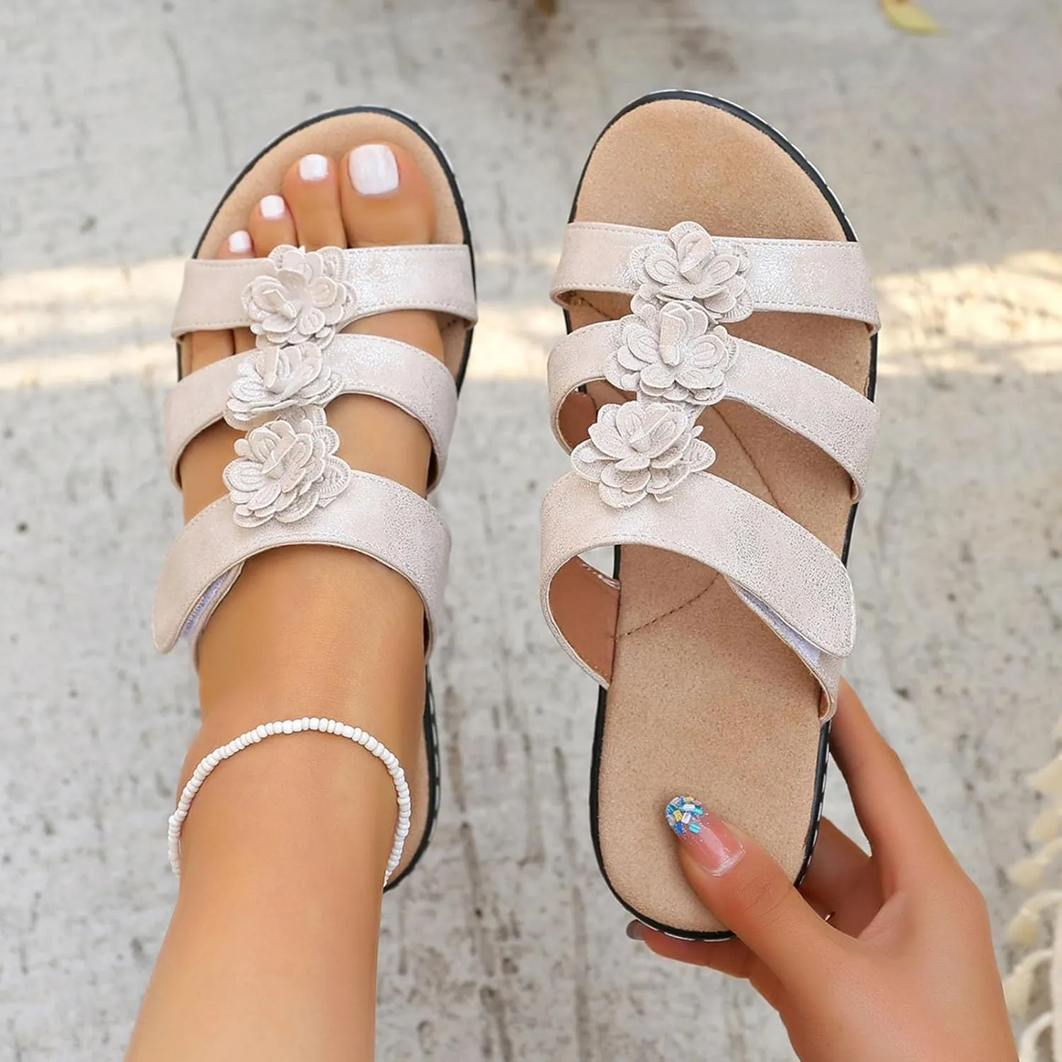 Womens Flower Orthopedic Slide Sandals Comfortable Arch Support Low Wedges Sandals 2025 Summer Soft Footbed Slides