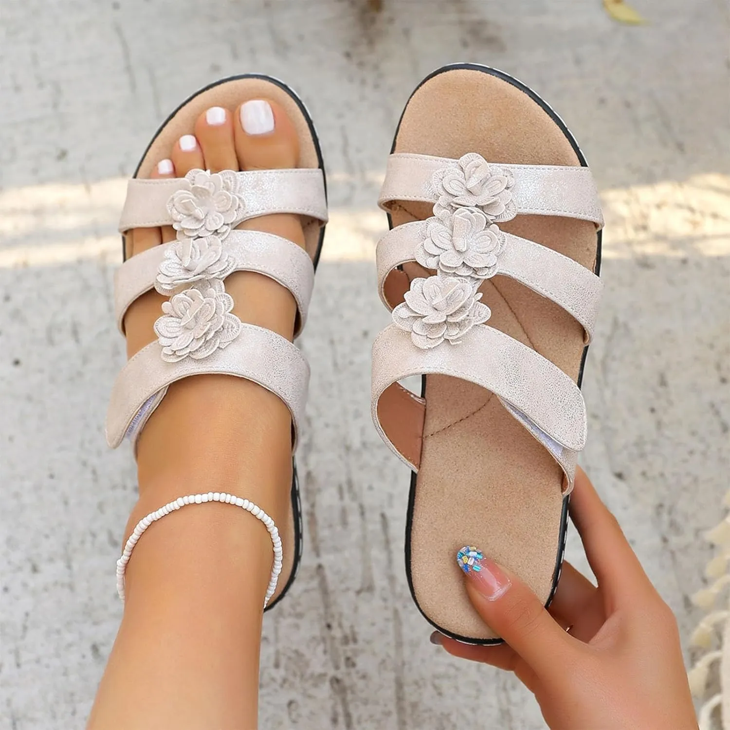 Womens Flower Orthopedic Slide Sandals Comfortable Arch Support Low Wedges Sandals 2025 Summer Soft Footbed Slides