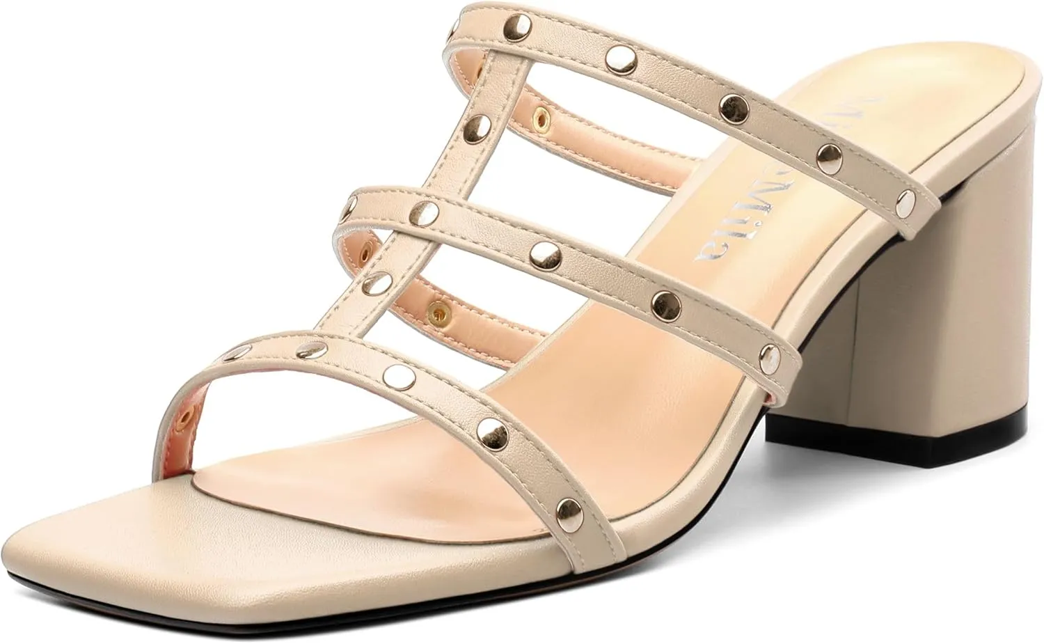 Women's Heeled Sandals, Square Toe Chunky Heel Slipper Style Studded High Heels Party Wedding Dress Heels for Women, Heel Height 2.36 inches.