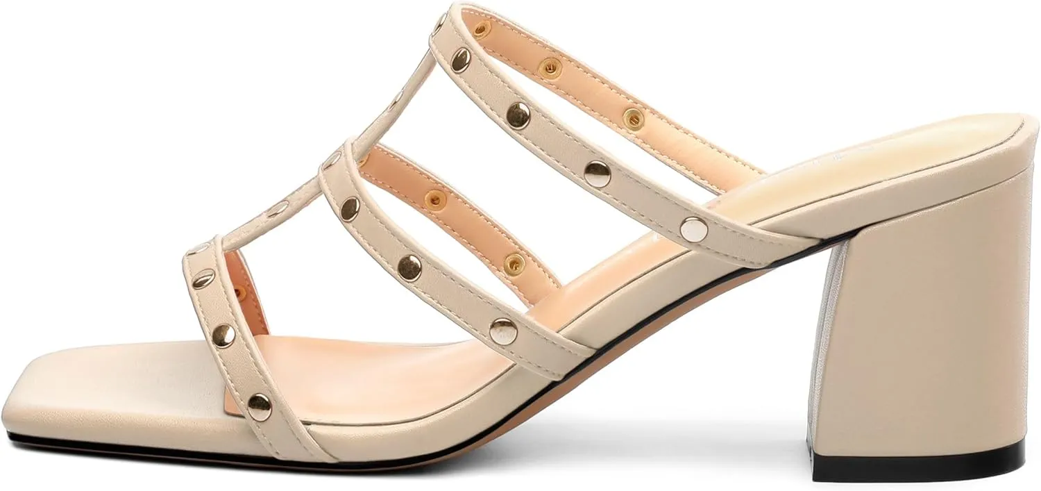 Women's Heeled Sandals, Square Toe Chunky Heel Slipper Style Studded High Heels Party Wedding Dress Heels for Women, Heel Height 2.36 inches.