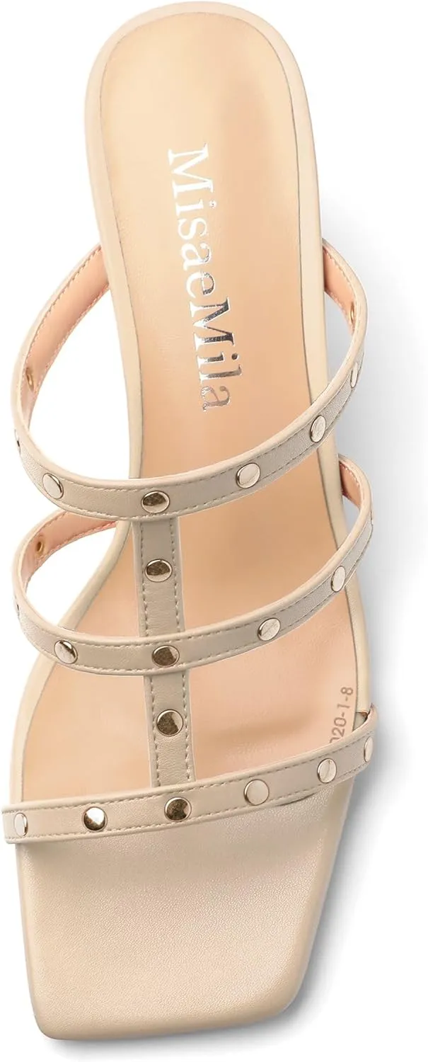 Women's Heeled Sandals, Square Toe Chunky Heel Slipper Style Studded High Heels Party Wedding Dress Heels for Women, Heel Height 2.36 inches.