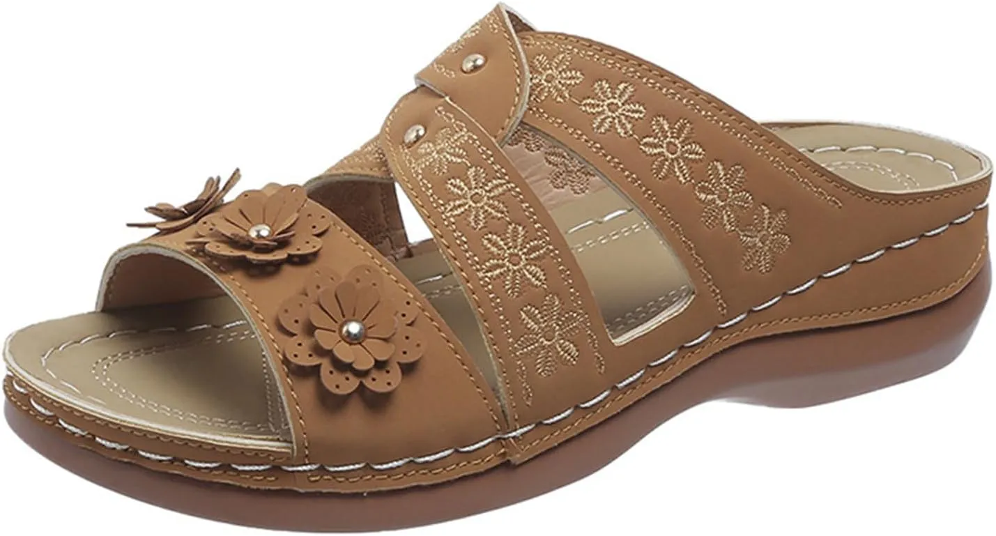 Womens Orthopedic Sandals with Arch Support Slip On Dressy Summer Comfortable Slides Sandal Women Open Toe Sandal Sandals for Women Wedge Shoes Flower Comfortable Orthopedic Lightweight Slippers