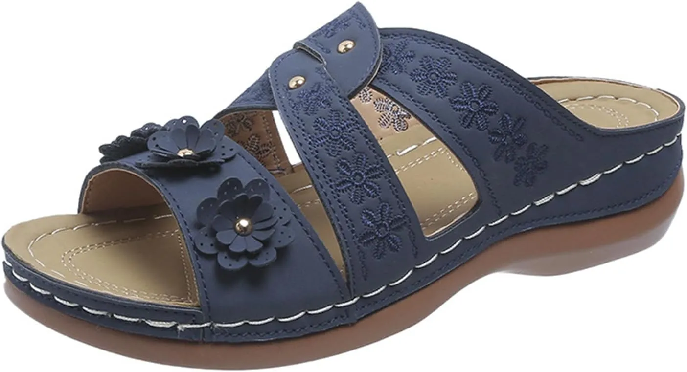 Womens Orthopedic Sandals with Arch Support Slip On Dressy Summer Comfortable Slides Sandal Women Open Toe Sandal Sandals for Women Wedge Shoes Flower Comfortable Orthopedic Lightweight Slippers