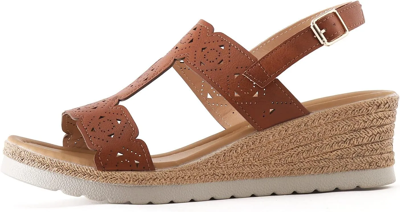 Women's Orthopedic Sandals Women Summer Buckle Strap Solid Hollow Out Casual Open Toe Wedges Comfortable Beach Shoes (Brown, 8)