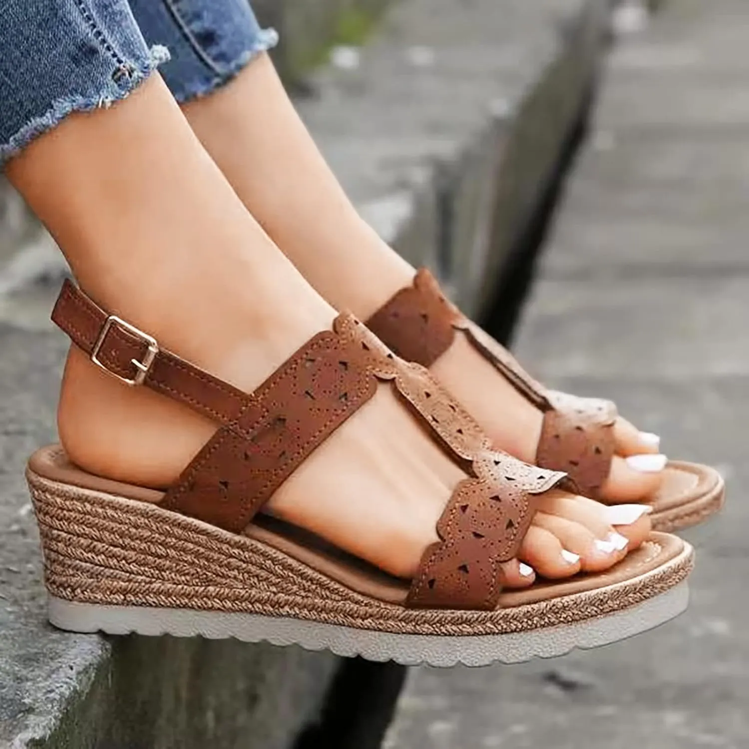 Women's Orthopedic Sandals Women Summer Buckle Strap Solid Hollow Out Casual Open Toe Wedges Comfortable Beach Shoes (Brown, 8)