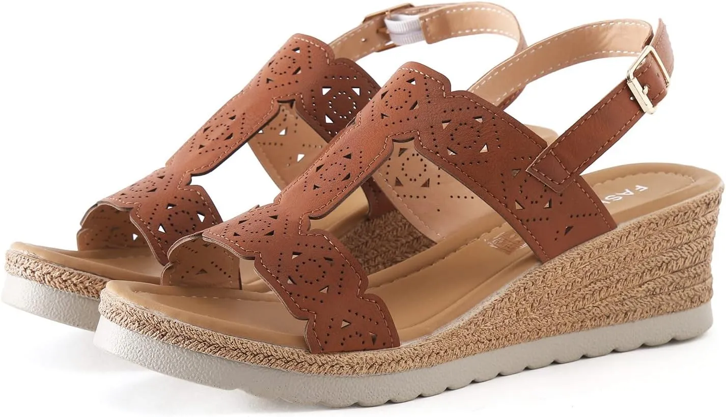 Women's Orthopedic Sandals Women Summer Buckle Strap Solid Hollow Out Casual Open Toe Wedges Comfortable Beach Shoes (Brown, 8)
