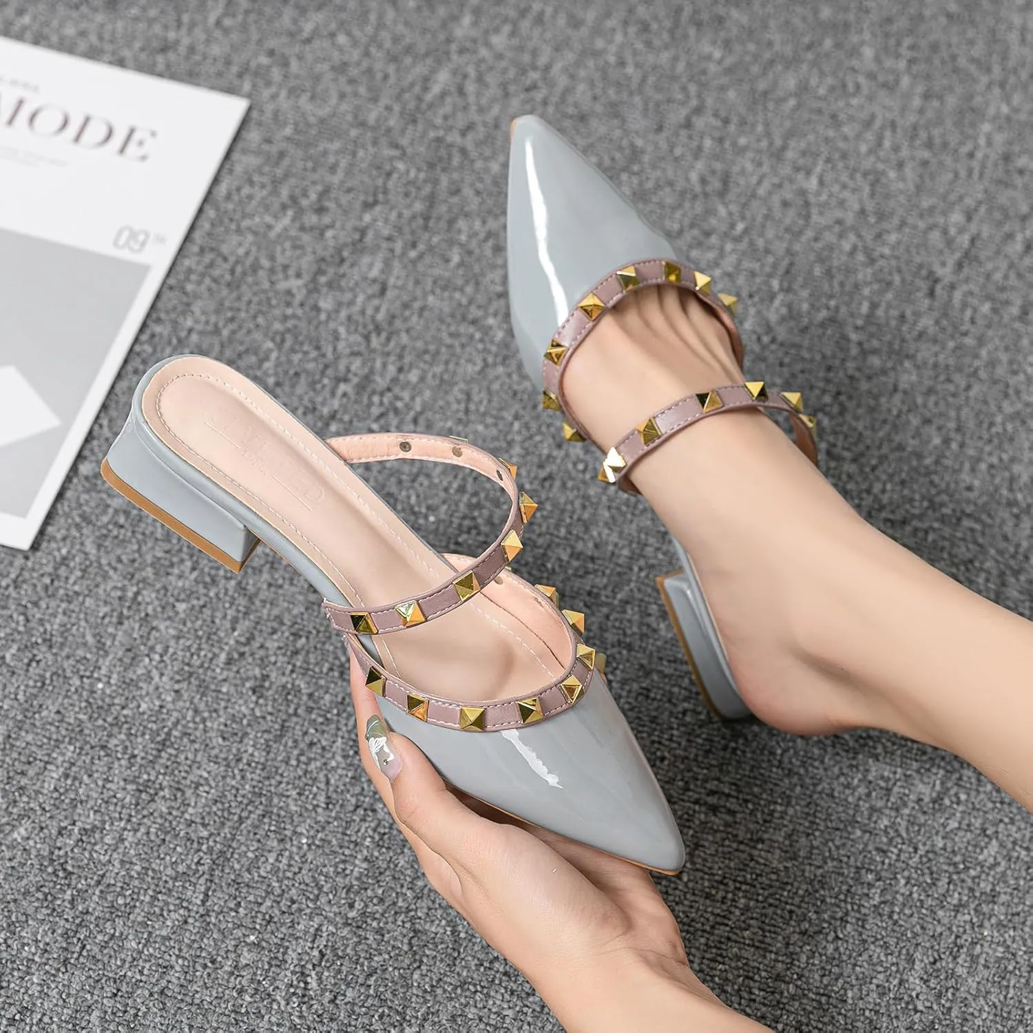 Women's Patent Leather Closed Pointed Toe Rivet Heeled Sandals Fashion Studded Slingback Block Heel Slip On Work Pumps Summer Casual Business Wedding Mules Slippers