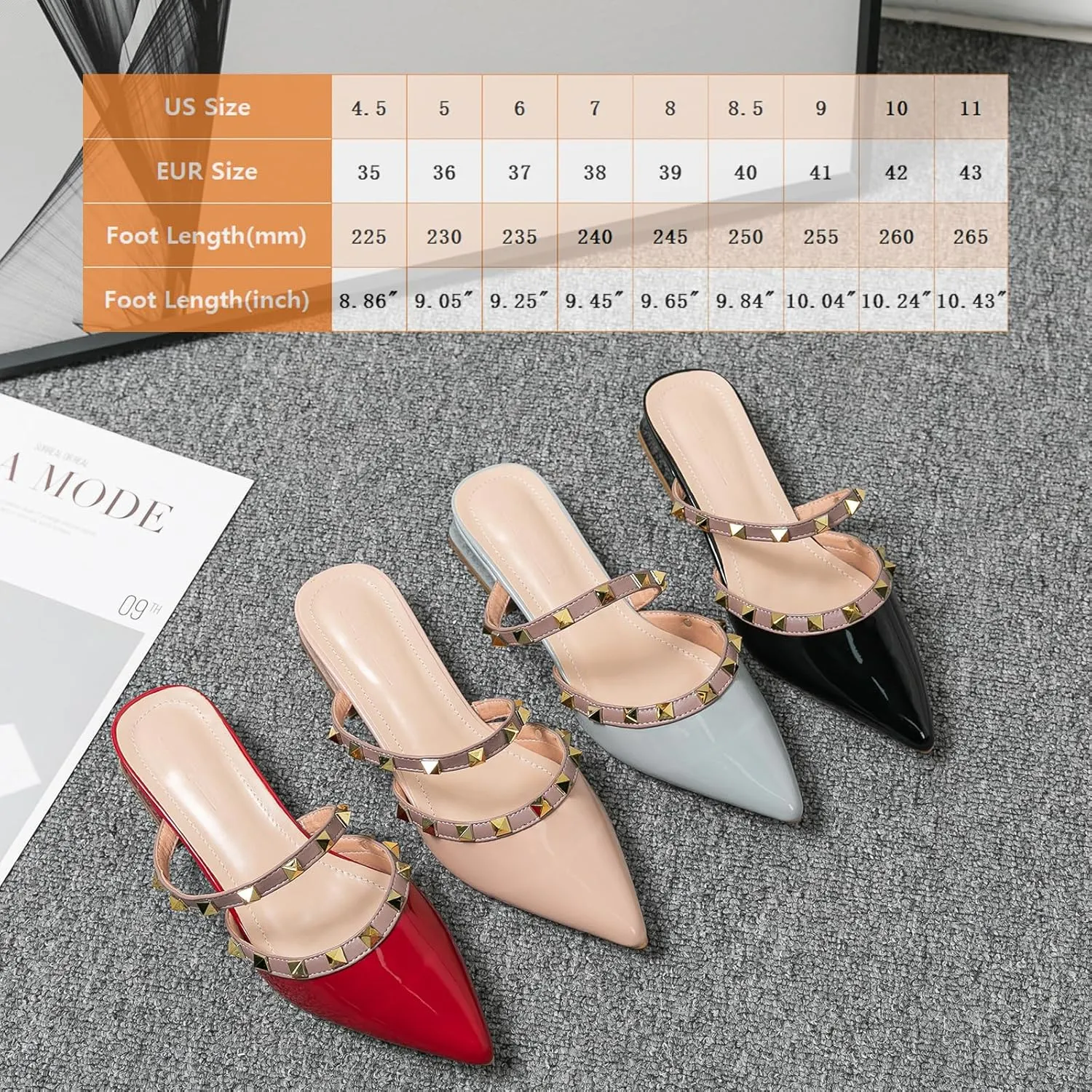 Women's Patent Leather Closed Pointed Toe Rivet Heeled Sandals Fashion Studded Slingback Block Heel Slip On Work Pumps Summer Casual Business Wedding Mules Slippers