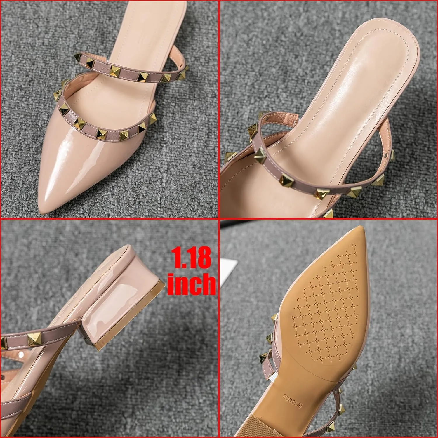 Women's Patent Leather Closed Pointed Toe Rivet Heeled Sandals Fashion Studded Slingback Block Heel Slip On Work Pumps Summer Casual Business Wedding Mules Slippers