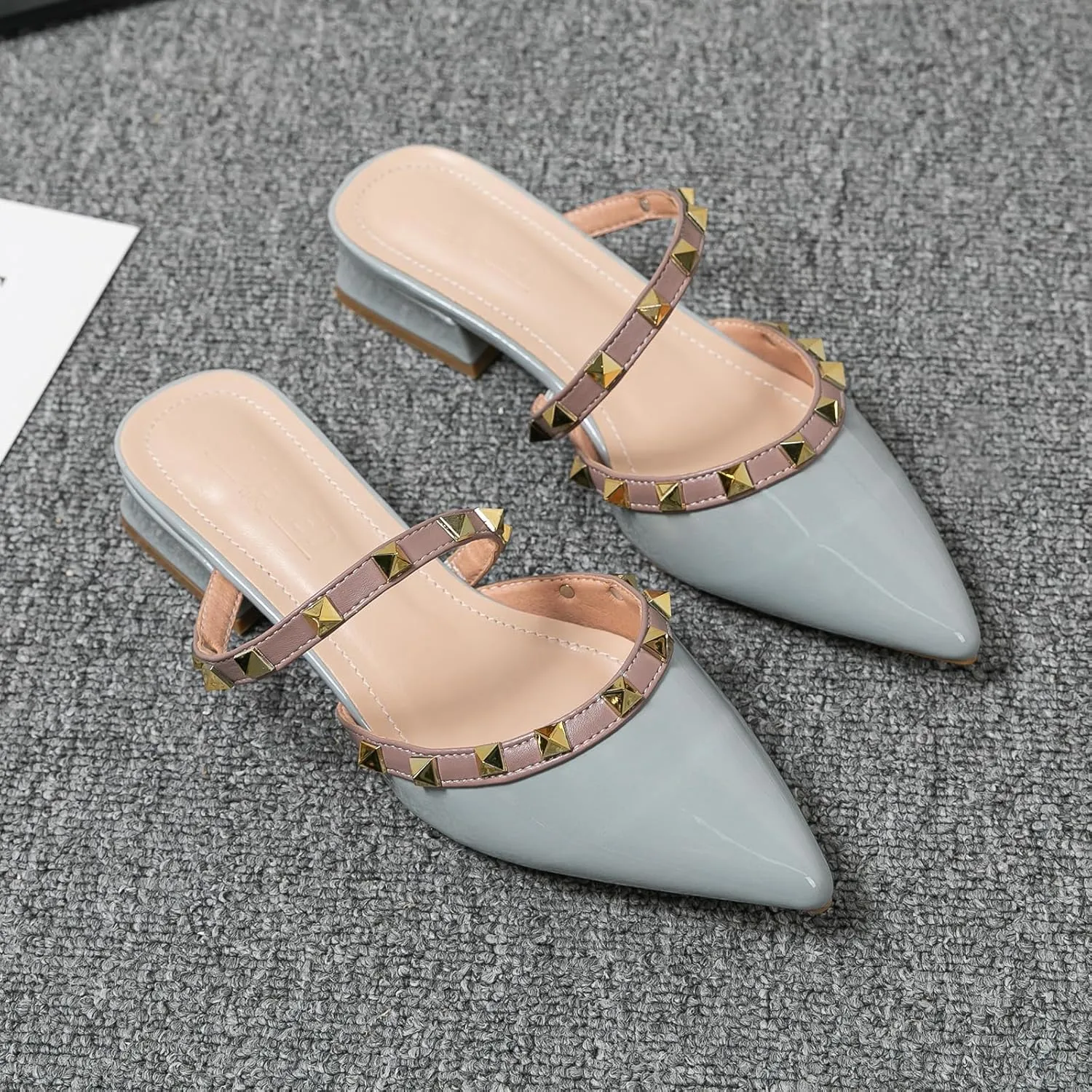 Women's Patent Leather Closed Pointed Toe Rivet Heeled Sandals Fashion Studded Slingback Block Heel Slip On Work Pumps Summer Casual Business Wedding Mules Slippers