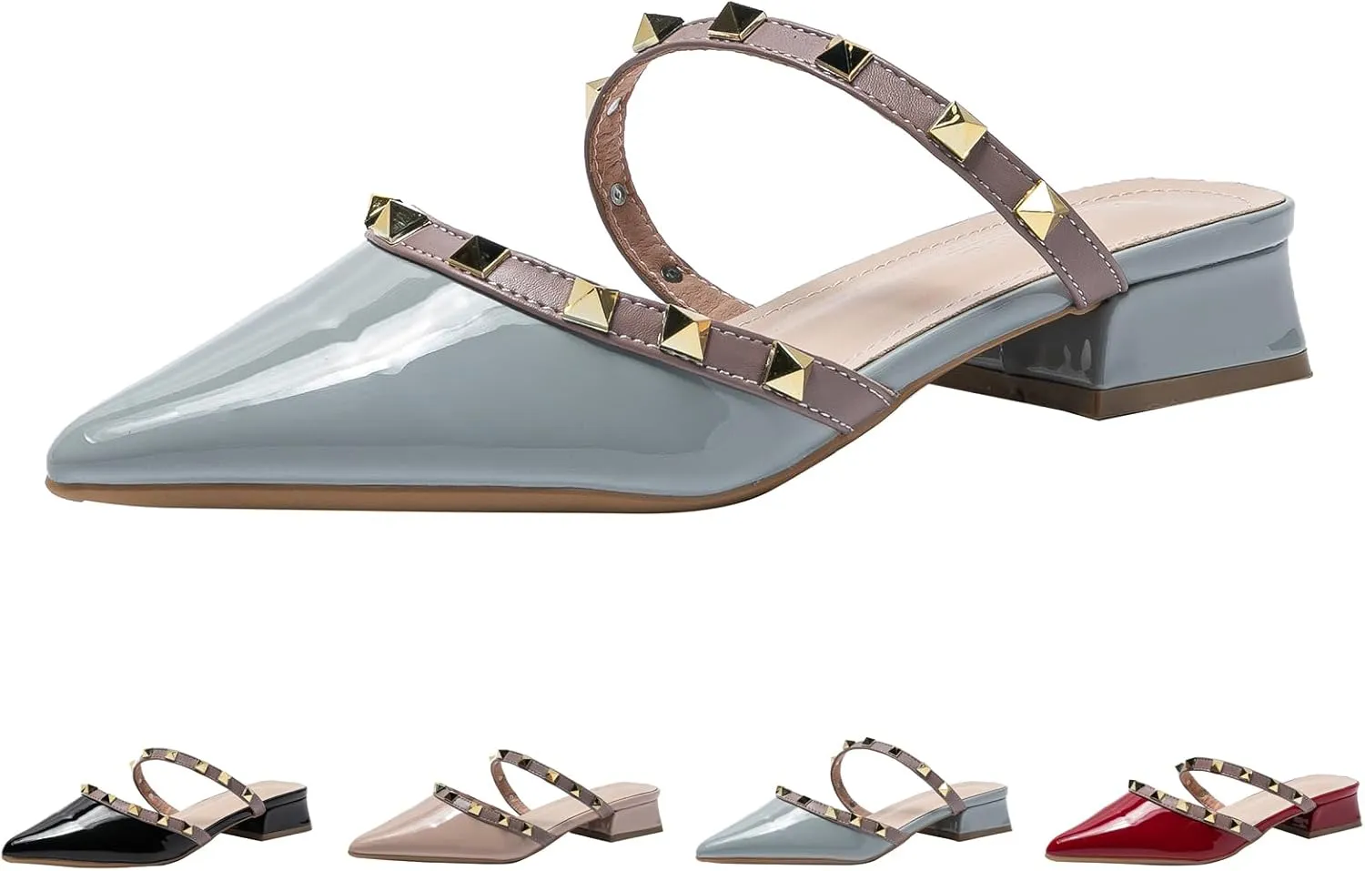 Women's Patent Leather Closed Pointed Toe Rivet Heeled Sandals Fashion Studded Slingback Block Heel Slip On Work Pumps Summer Casual Business Wedding Mules Slippers