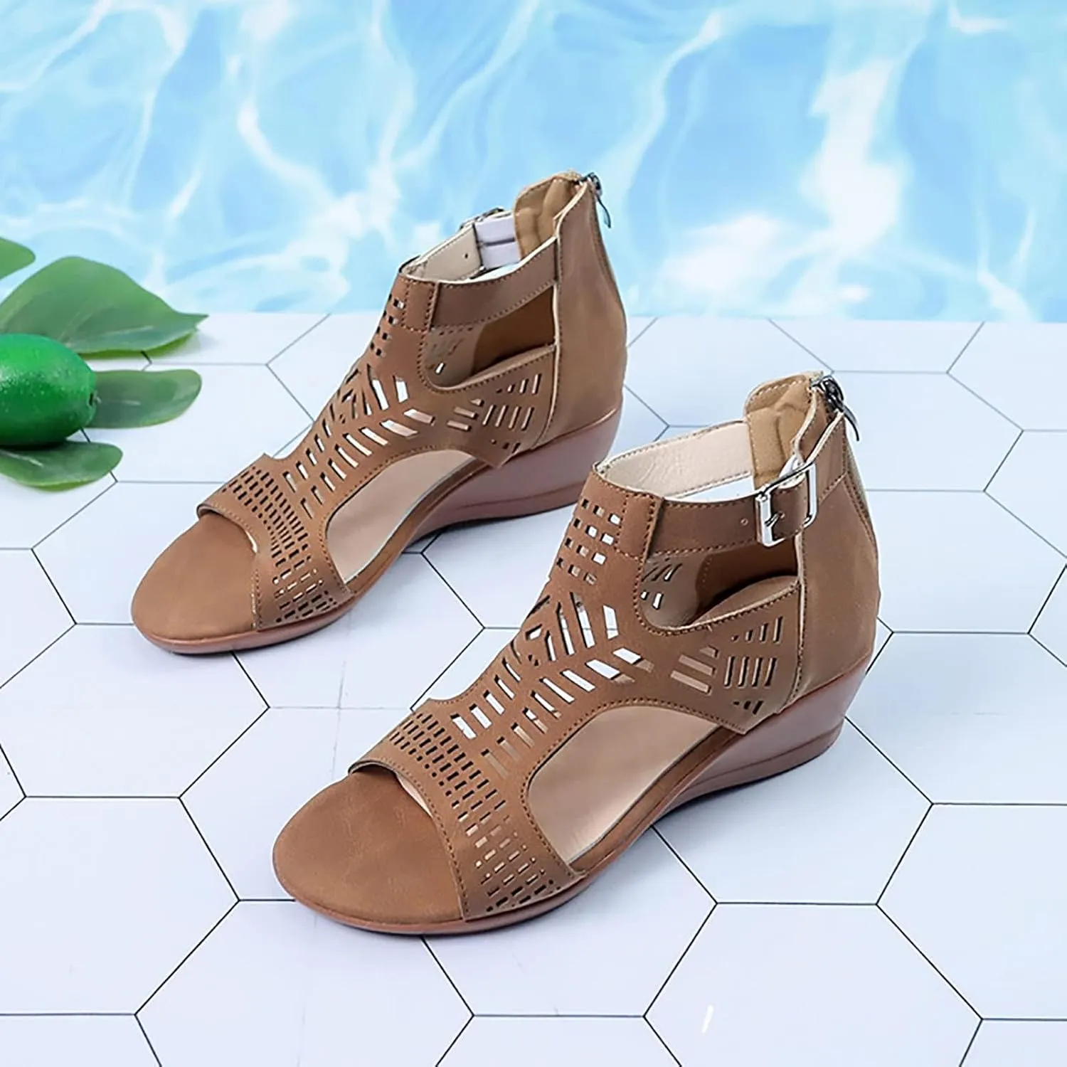 Womens Peep Toe Sandals, Roman Style Buckle Ankle Strap Sandals Hollow Out Breathable Beach Sandals Fashion Booties Mid Heel Outdoor Dress Shoes Comfortable for Office Work&Wedding
