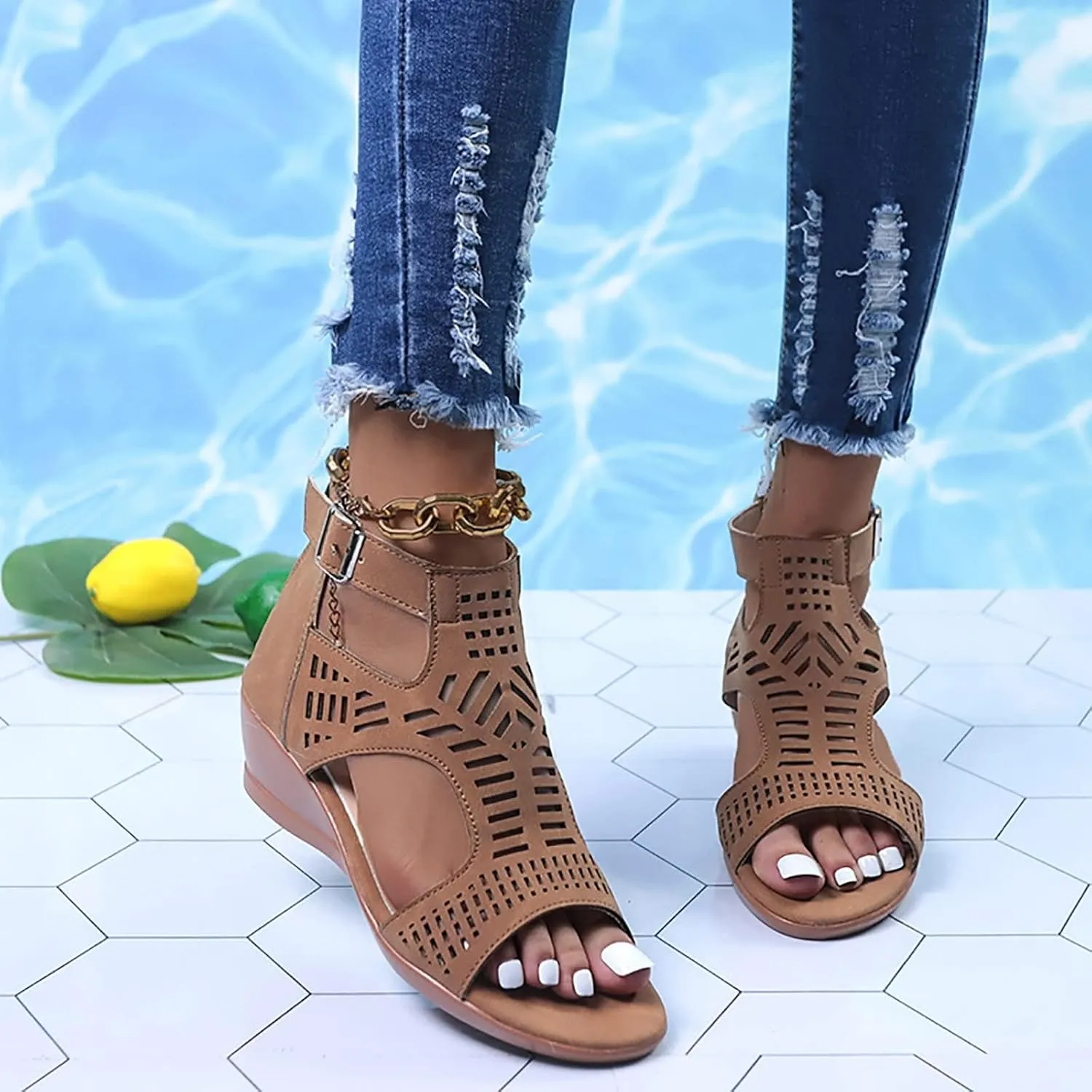 Womens Peep Toe Sandals, Roman Style Buckle Ankle Strap Sandals Hollow Out Breathable Beach Sandals Fashion Booties Mid Heel Outdoor Dress Shoes Comfortable for Office Work&Wedding