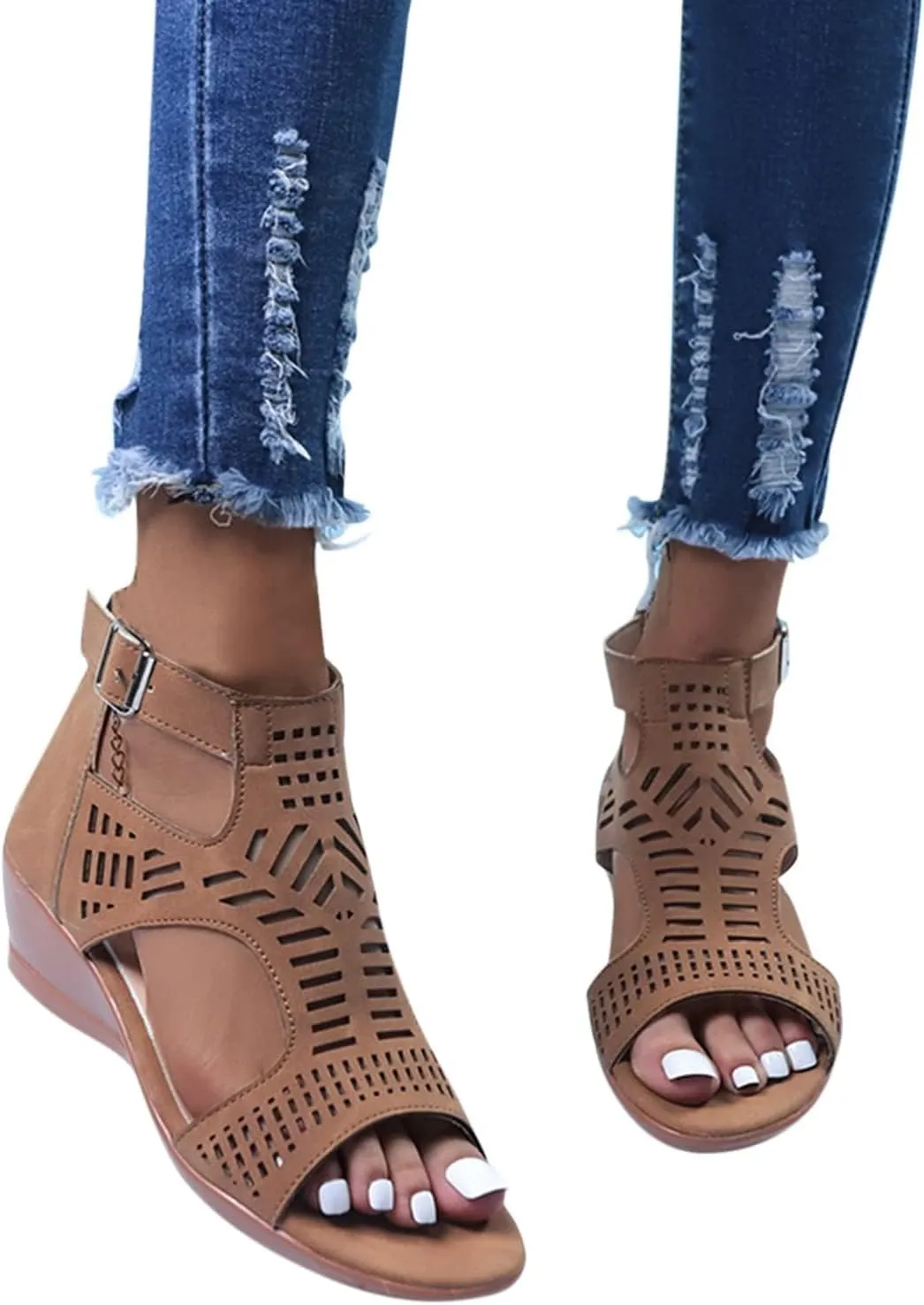 Womens Peep Toe Sandals, Roman Style Buckle Ankle Strap Sandals Hollow Out Breathable Beach Sandals Fashion Booties Mid Heel Outdoor Dress Shoes Comfortable for Office Work&Wedding